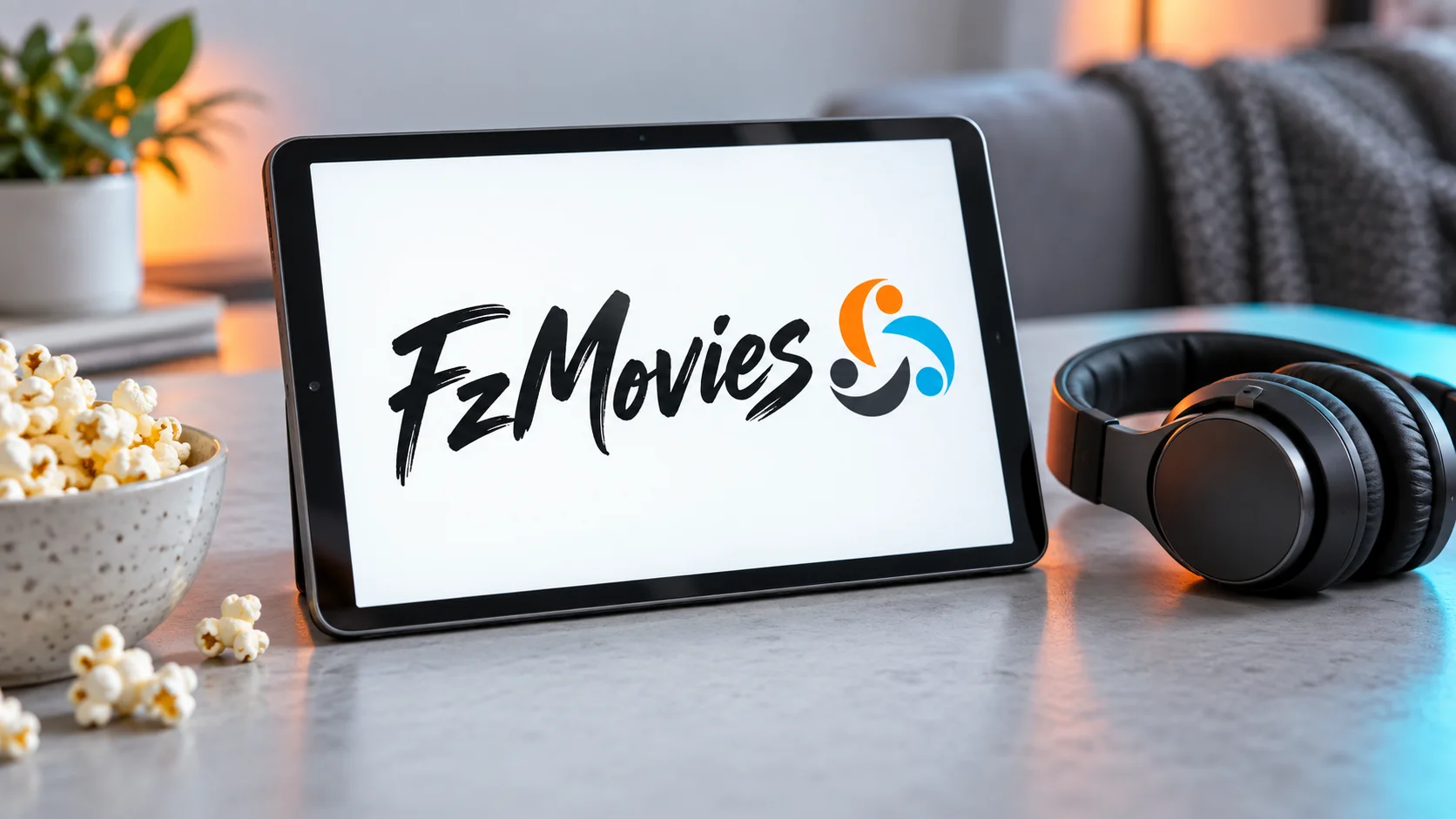 FzMovies on a tablet beside headphones and popcorn